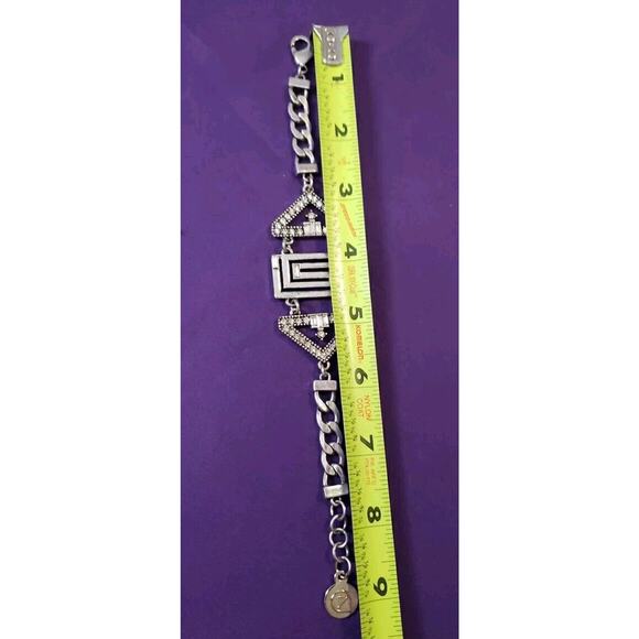 Geometric Silver Tone Chain Bracelet Rhinestone Glam Metal Style Adjustable New - Picture 6 of 8